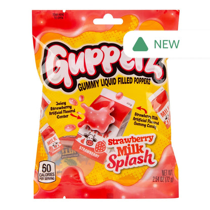 Wholesale Gupperz Strawberry Milk Splash Gummy Liquid Filled Popperz 2.54 Oz Peg Bag- Bulk