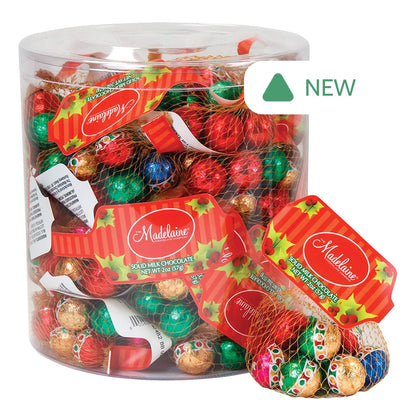 Wholesale Madelaine Milk Chocolate Foiled Christmas Balls 2 Oz Mesh Bag- Bulk