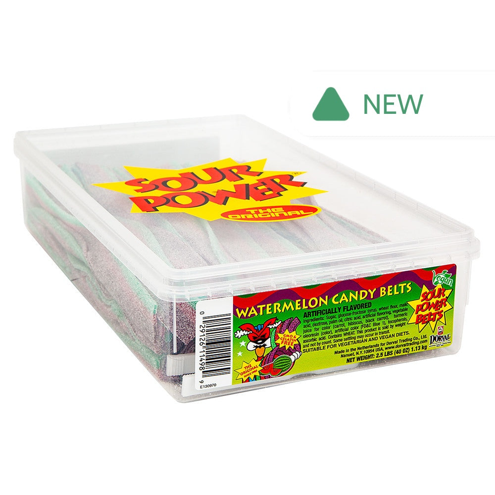Wholesale Sour Power Watermelon Candy Belts Tub- Bulk