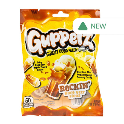 Wholesale Gupperz Rockin' Root Beer Float Gummy Liquid Filled Popperz 2.54 Oz Peg Bag- Bulk