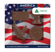 Wholesale MoMints America 250 Liberty Bell, Flag, Eagle, & Coin Milk Chocolate Minis 2 Oz Window Box- Bulk