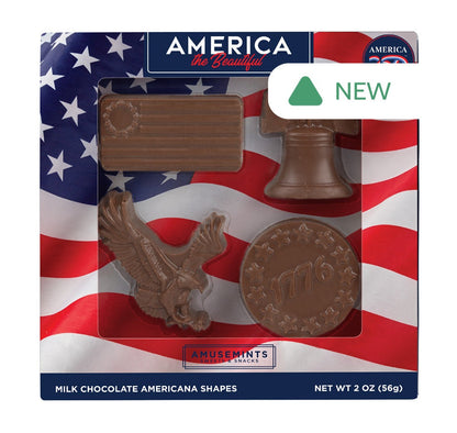 Wholesale MoMints America 250 Liberty Bell, Flag, Eagle, & Coin Milk Chocolate Minis 2 Oz Window Box- Bulk