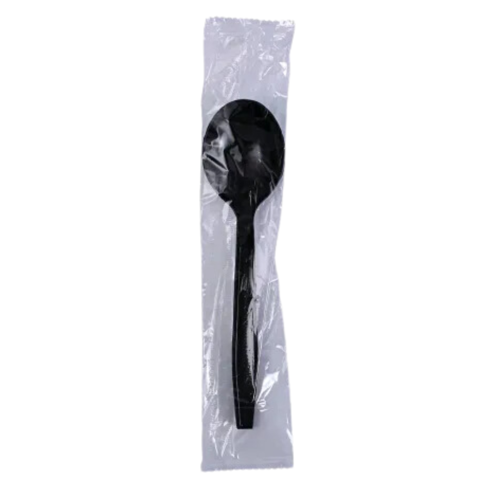 Wholesale BoxNCase Case Individually Wrapped Black Soup Spoon Heavy Duty- Bulk