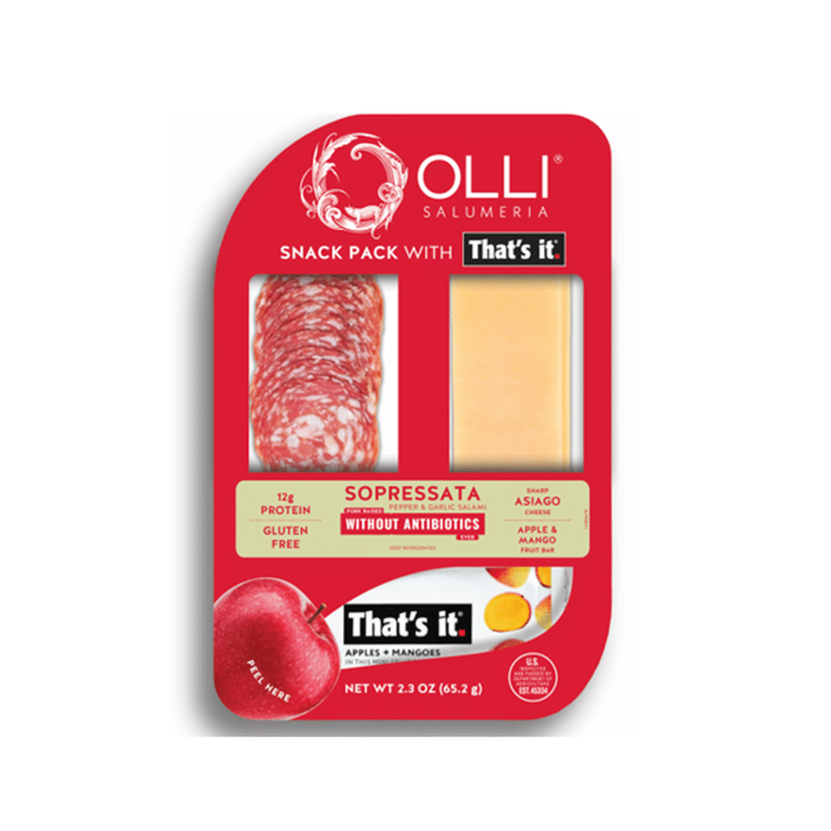 Wholesale Olli Salumeria Americana Snack Pack: Sopressata, Asiago Cheese, and That's It Apple Mango Fruit Bar, 2.3 OZ- Bulk