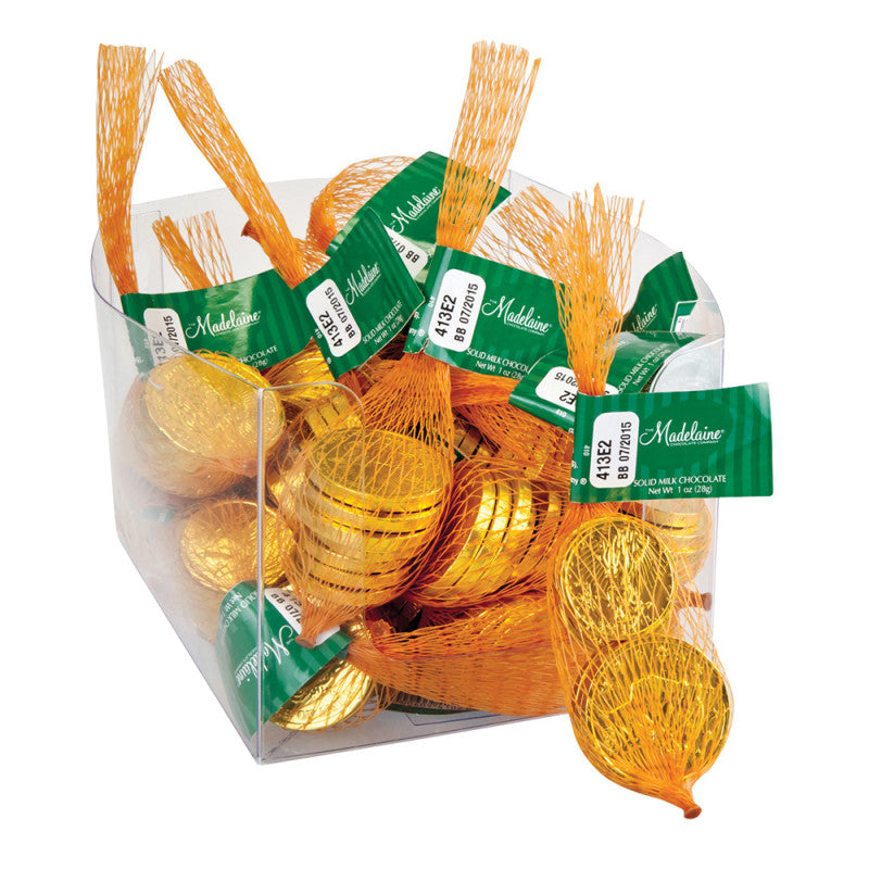 Wholesale Madelaine Milk Chocolate Foiled Gold Coins Mesh Bag- Bulk
