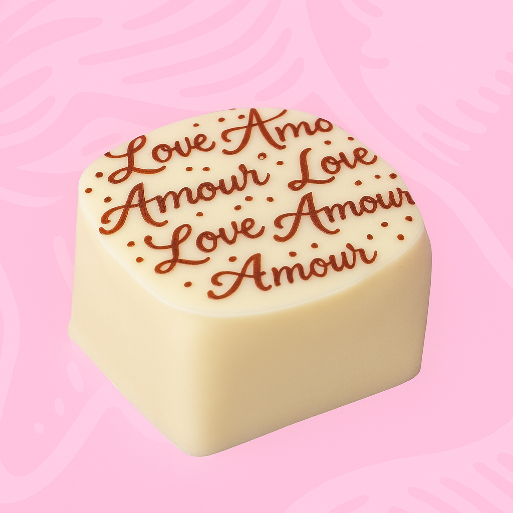 Wholesale Nirvana Bulk Case: White Chocolates with Red "Amour" Stencil and Crunchy Praline Filling (Approximately 60 Pieces) 0.59 OZ- Bulk