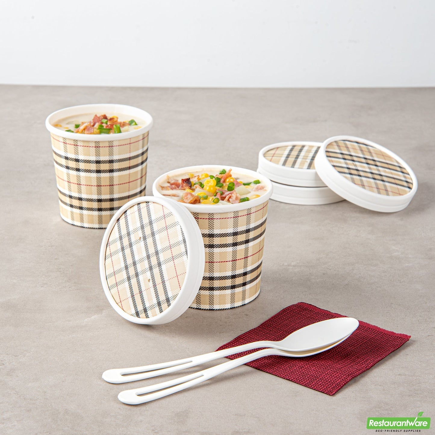 Wholesale Restaurantware Bio Tek Round Plaid Paper Soup Container Lid - Fits 12 Oz- Bulk