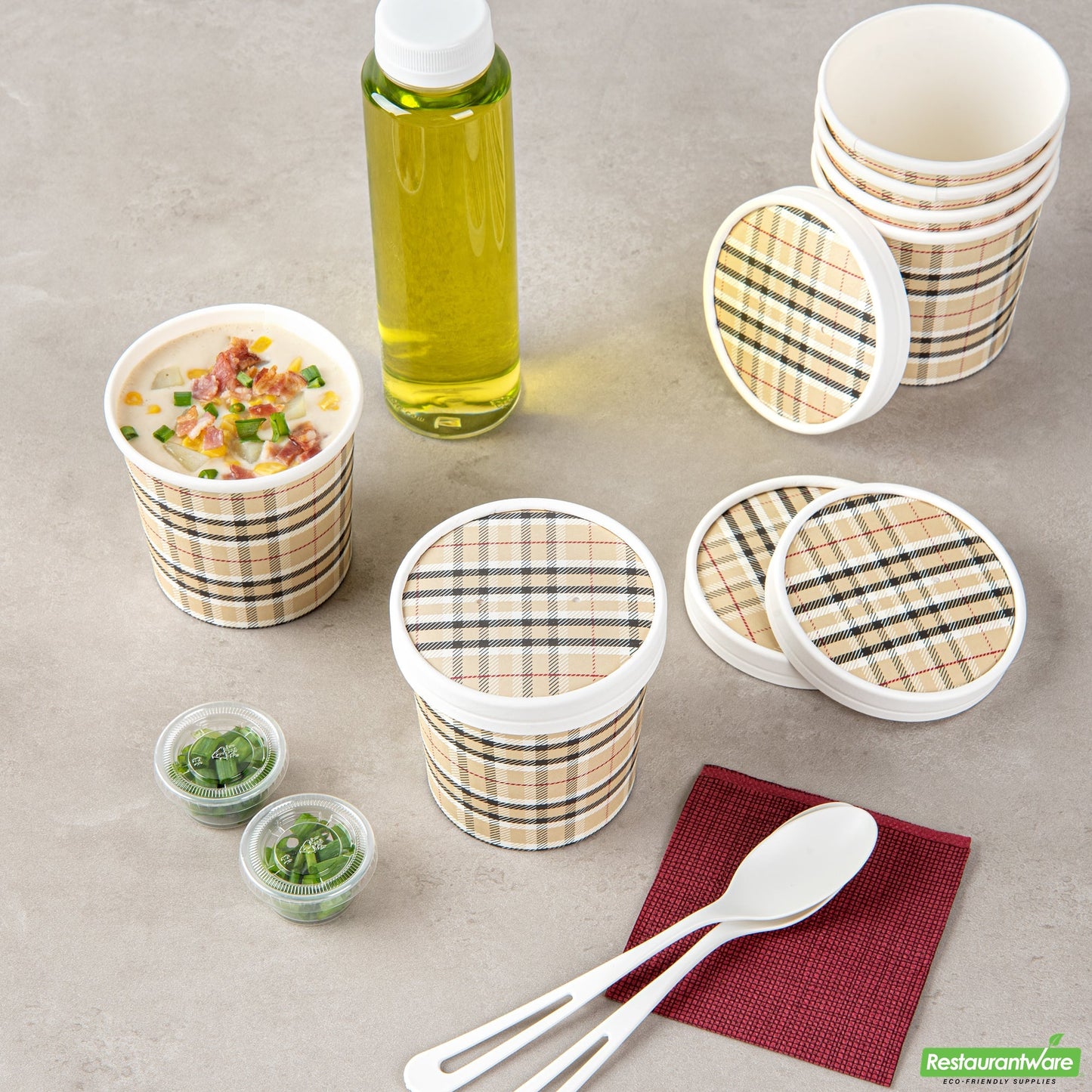 Wholesale Restaurantware Bio Tek Round Plaid Paper Soup Container Lid - Fits 12 Oz- Bulk
