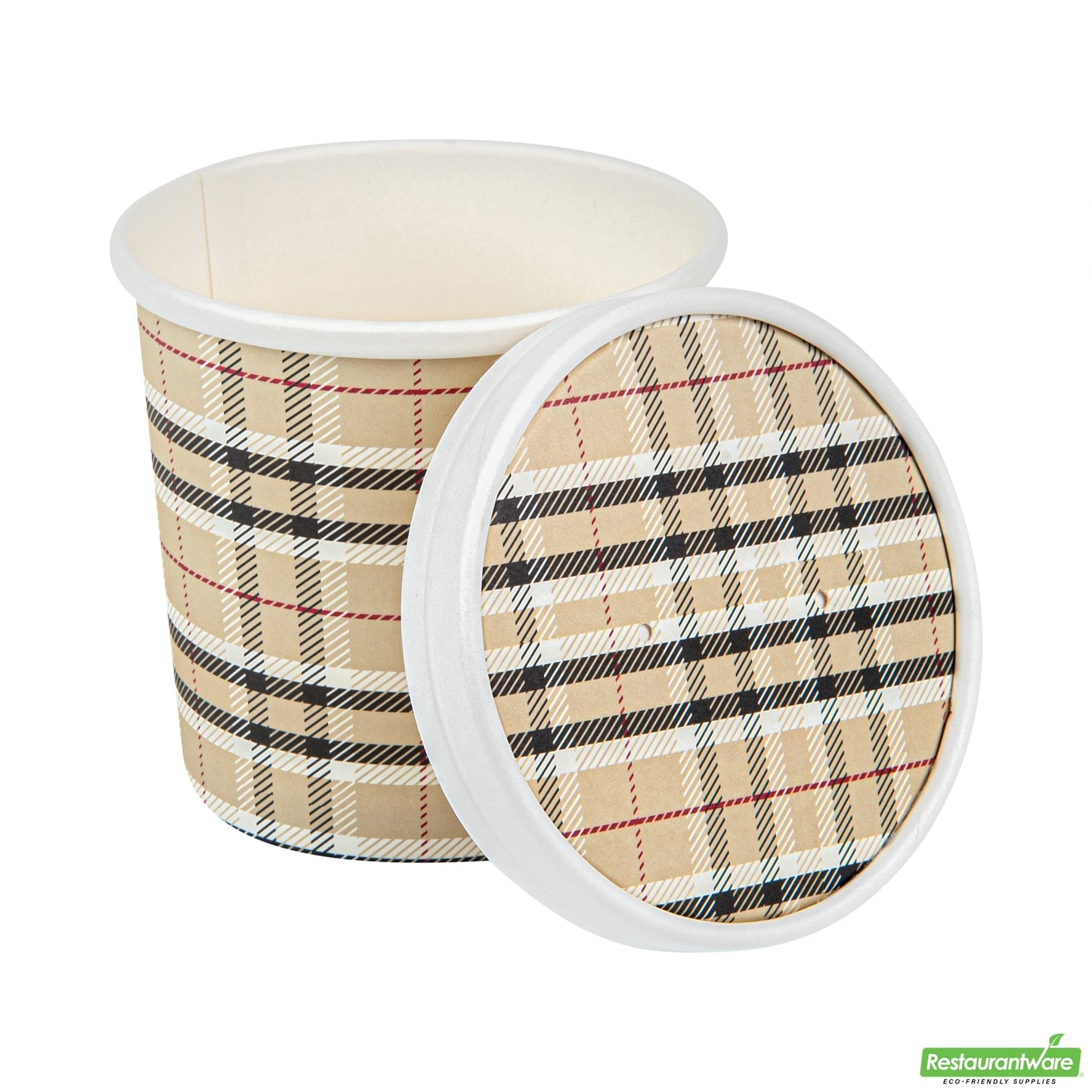 Wholesale Restaurantware Bio Tek Round Plaid Paper Soup Container Lid - Fits 12 Oz- Bulk