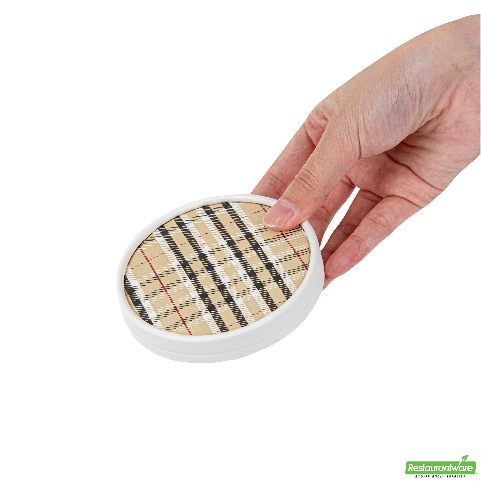 Wholesale Restaurantware Bio Tek Round Plaid Paper Soup Container Lid - Fits 12 Oz- Bulk