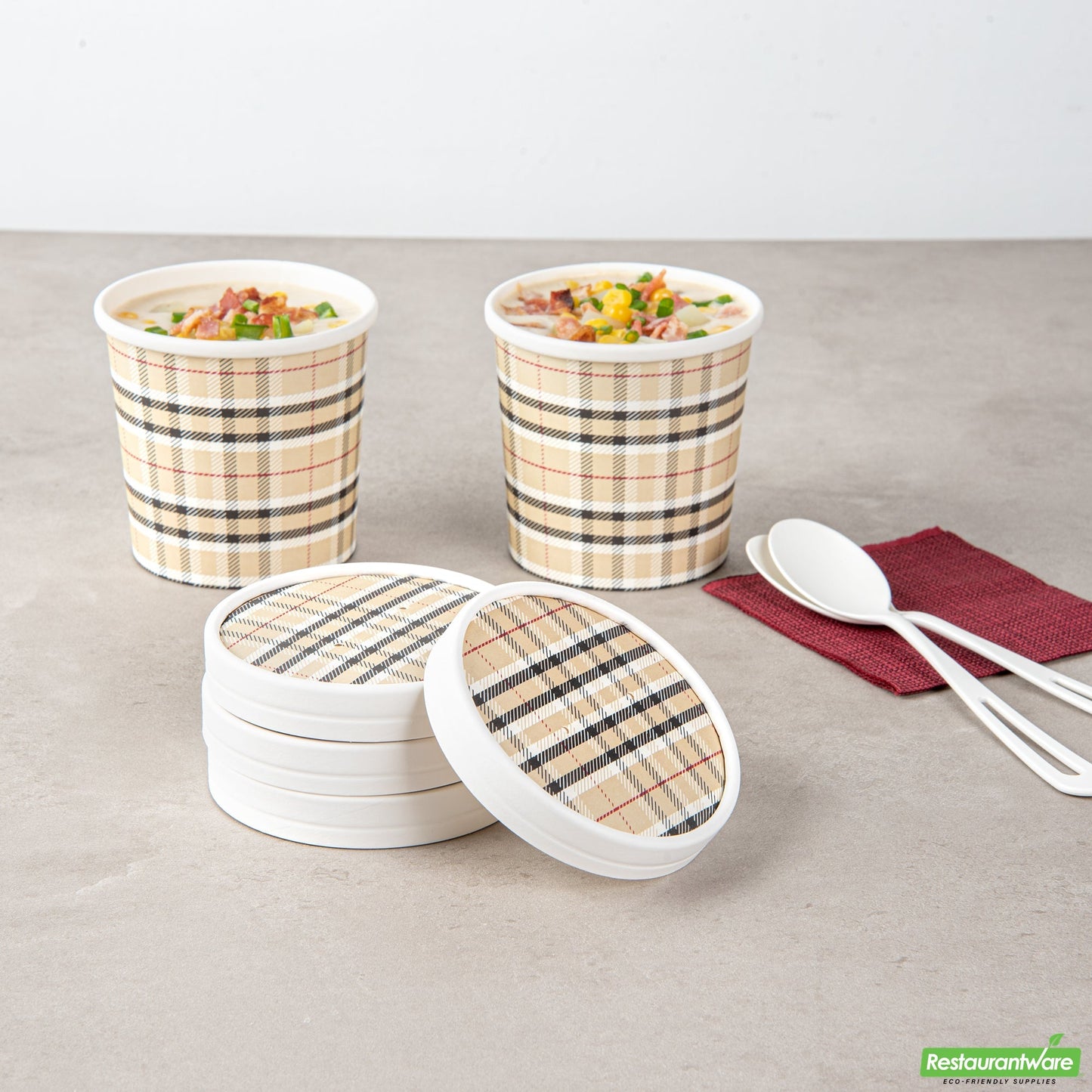 Wholesale Restaurantware Bio Tek Round Plaid Paper Soup Container Lid - Fits 12 Oz- Bulk