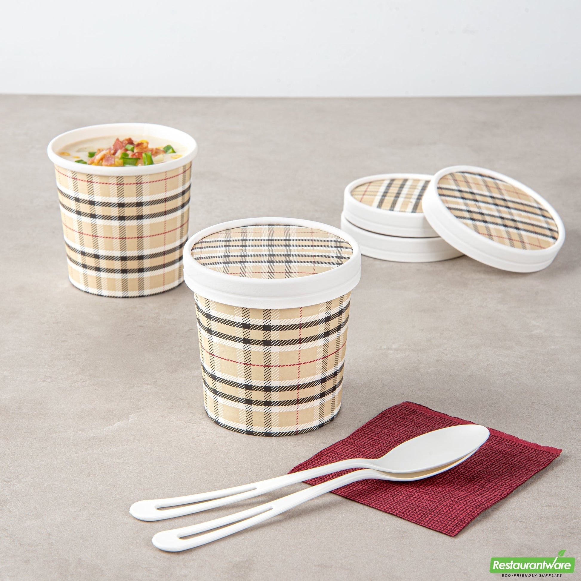 Wholesale Restaurantware Bio Tek Round Plaid Paper Soup Container Lid - Fits 12 Oz- Bulk