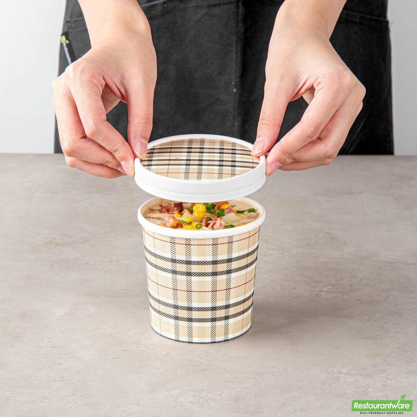 Wholesale Restaurantware Bio Tek Round Plaid Paper Soup Container Lid - Fits 12 Oz- Bulk