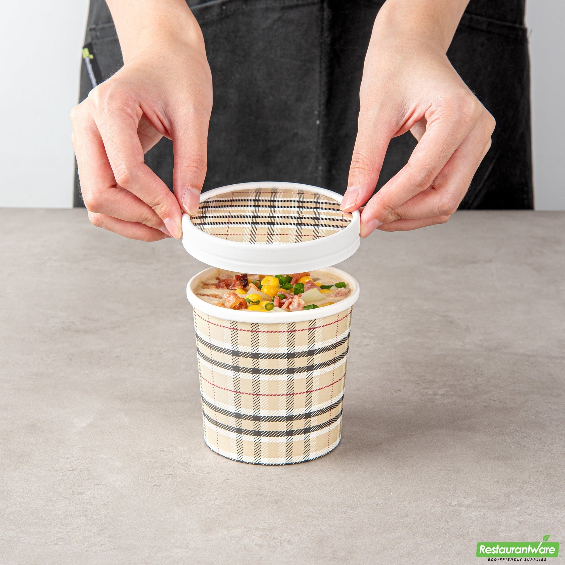 Wholesale Restaurantware Bio Tek Round Plaid Paper Soup Container Lid - Fits 12 Oz- Bulk