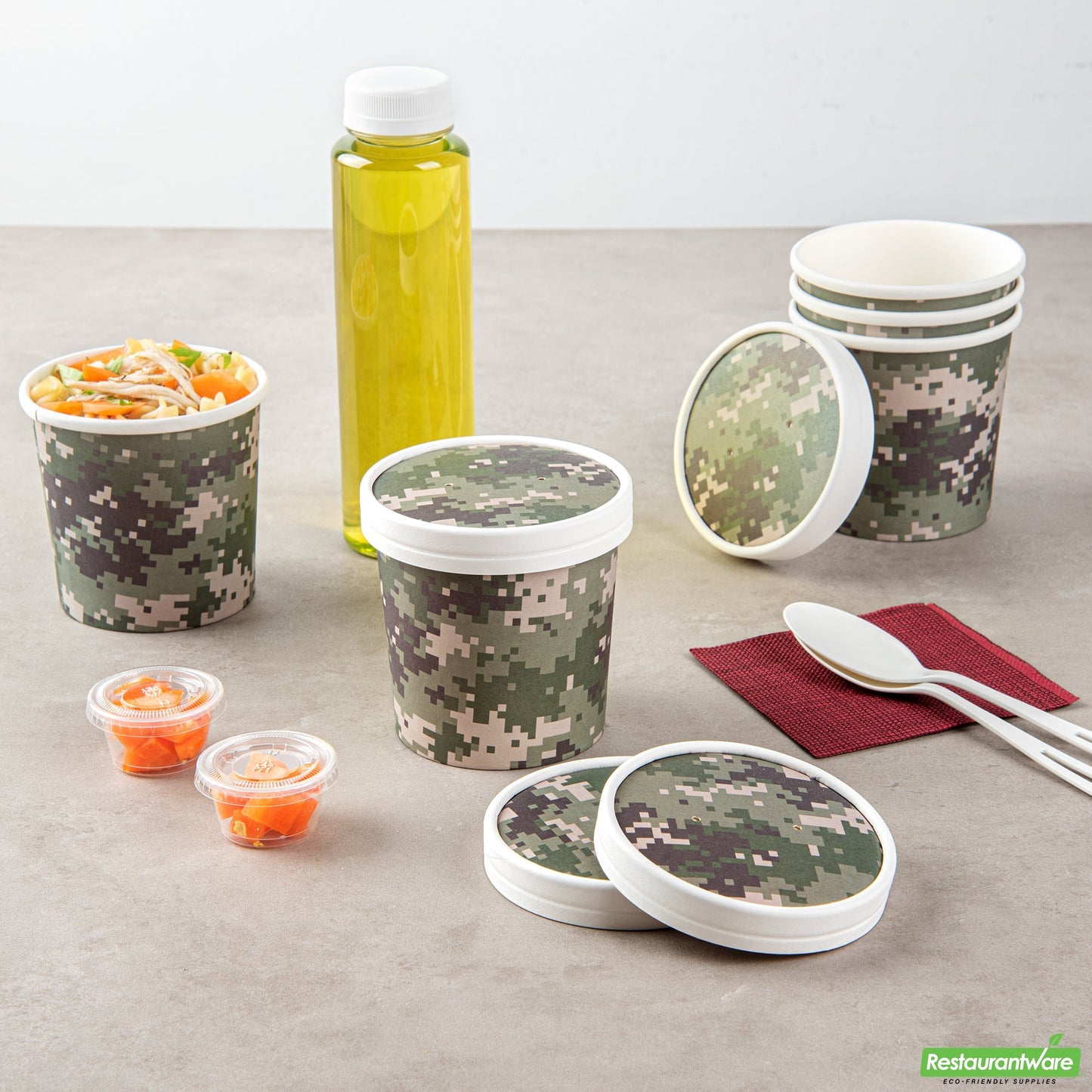Wholesale Restaurantware Bio Tek Round Camouflage Paper Soup Container Lid - Fits 12 oz- Bulk