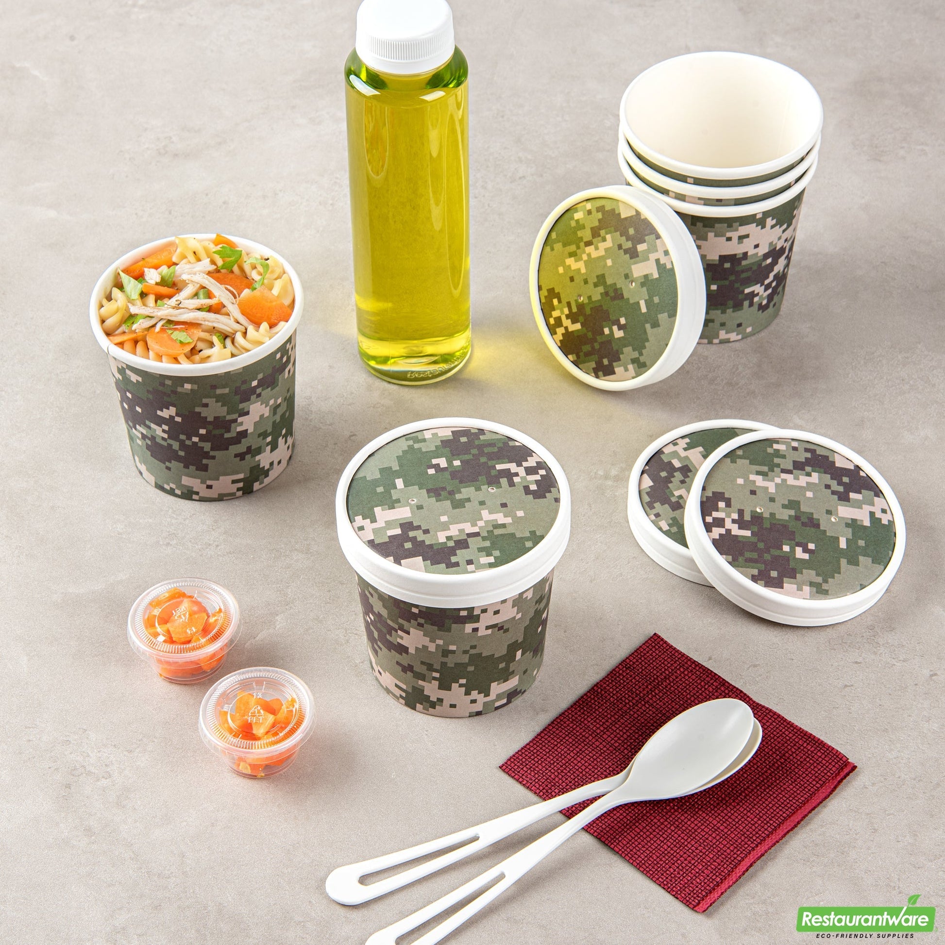 Wholesale Restaurantware Bio Tek Round Camouflage Paper Soup Container Lid - Fits 12 oz- Bulk