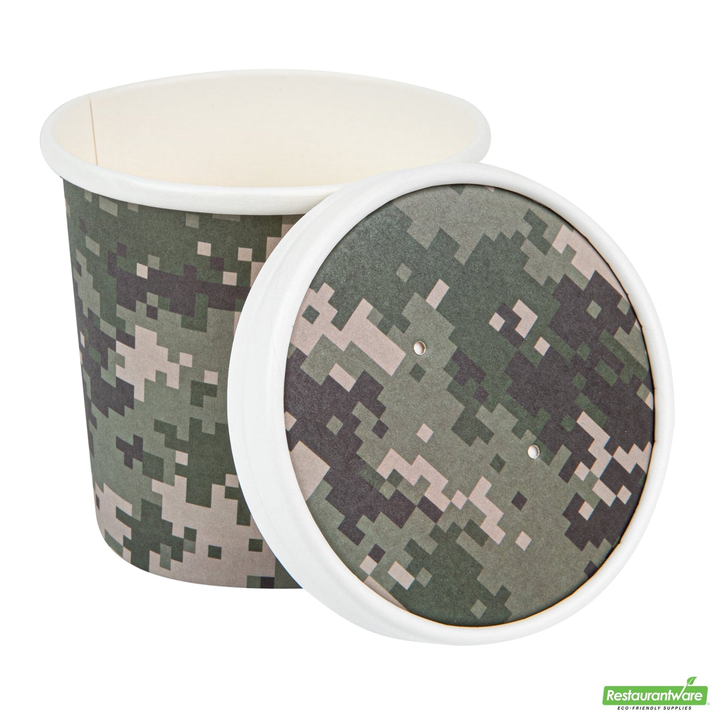 Wholesale Restaurantware Bio Tek Round Camouflage Paper Soup Container Lid - Fits 12 oz- Bulk