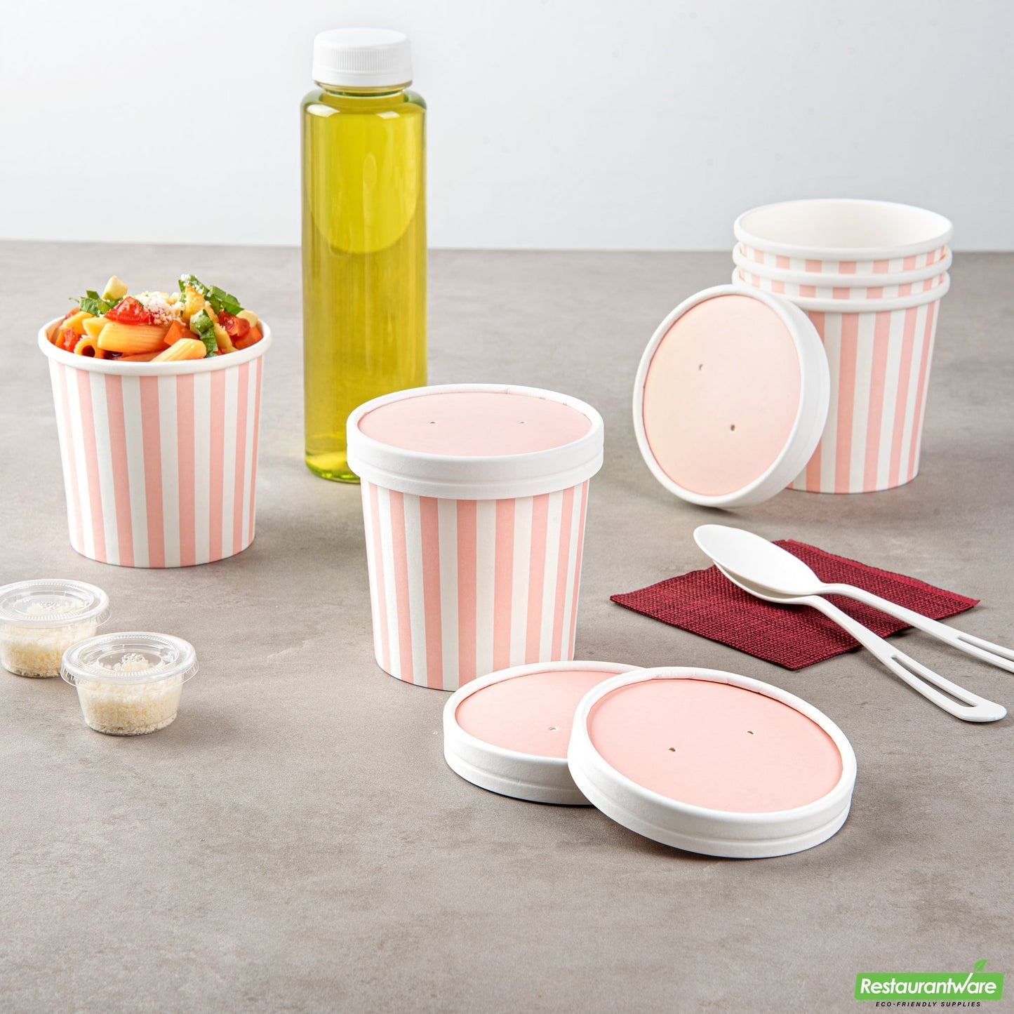 Wholesale Restaurantware Bio Tek Round Pink and White Stripe Paper Soup Container Lid - Fits 12 oz- Bulk