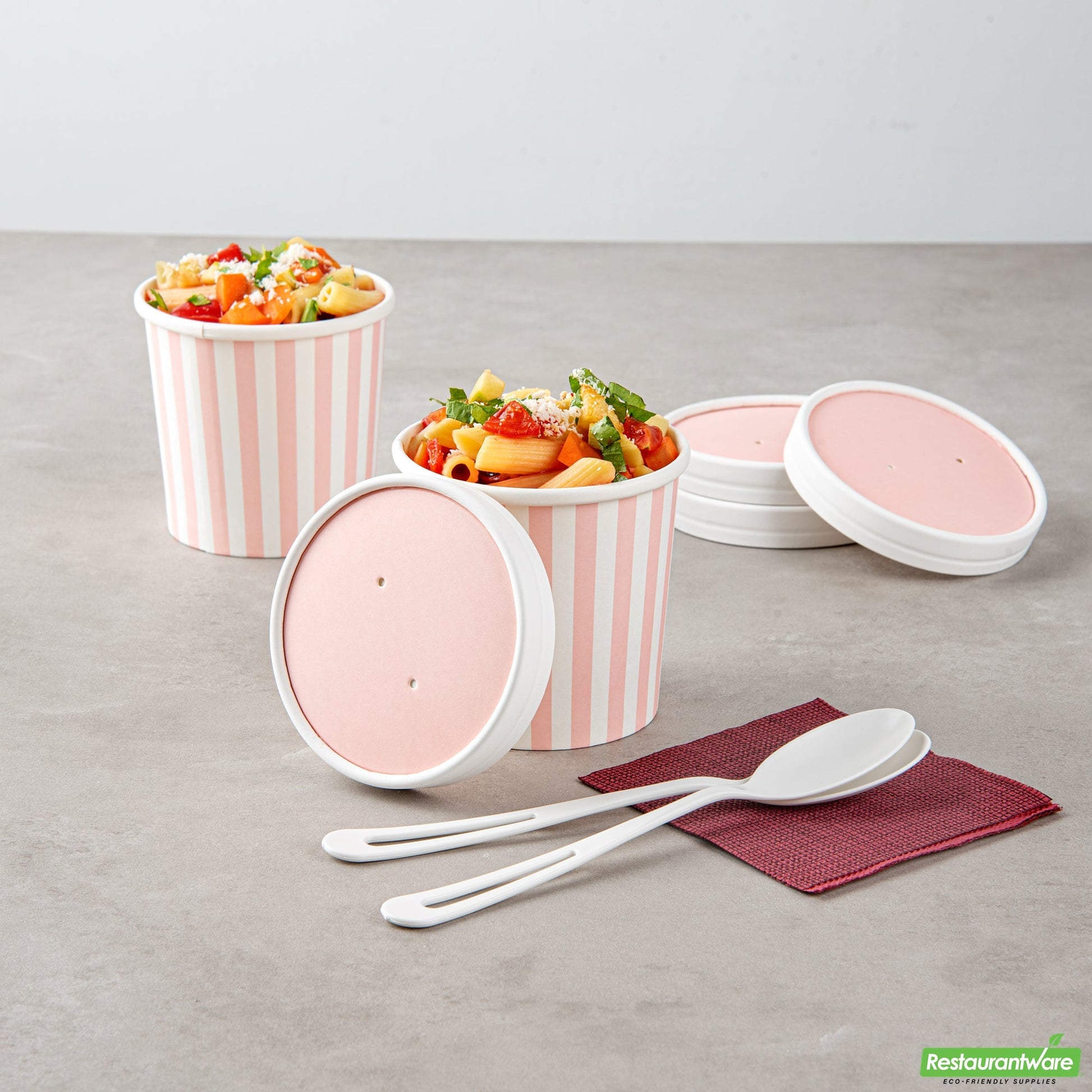 Wholesale Restaurantware Bio Tek Round Pink and White Stripe Paper Soup Container Lid - Fits 12 oz- Bulk