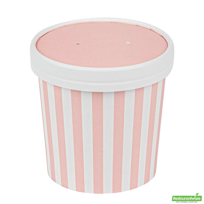 Wholesale Restaurantware Bio Tek Round Pink and White Stripe Paper Soup Container Lid - Fits 12 oz- Bulk