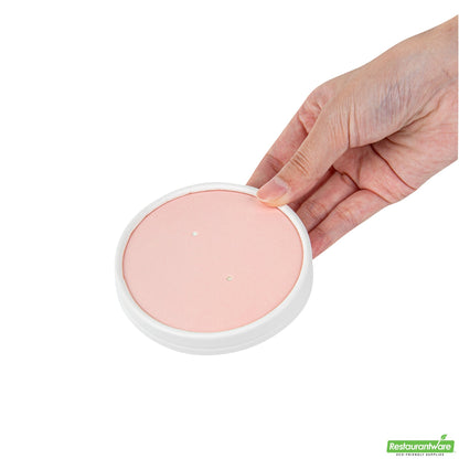 Wholesale Restaurantware Bio Tek Round Pink and White Stripe Paper Soup Container Lid - Fits 12 oz- Bulk