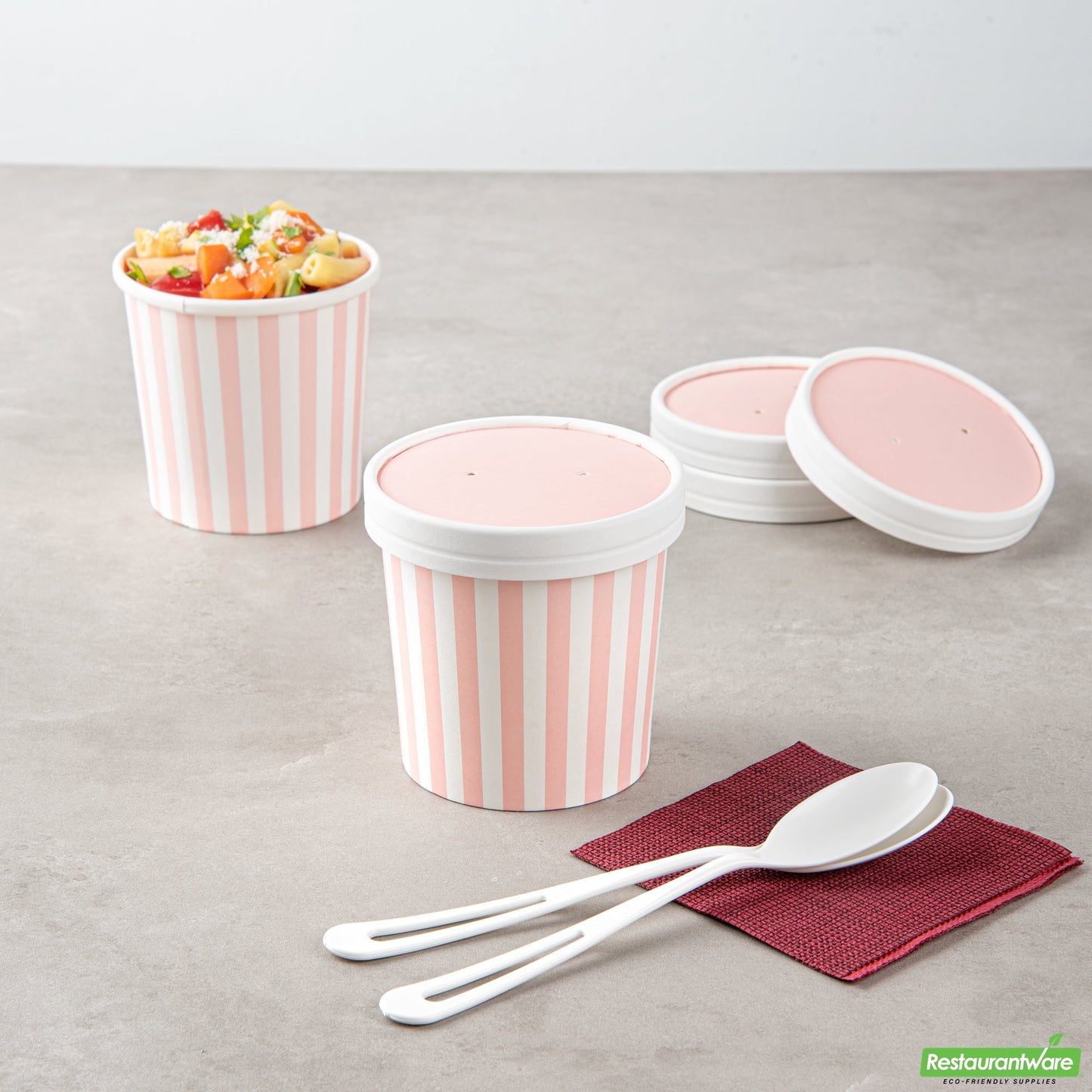 Wholesale Restaurantware Bio Tek Round Pink and White Stripe Paper Soup Container Lid - Fits 12 oz- Bulk