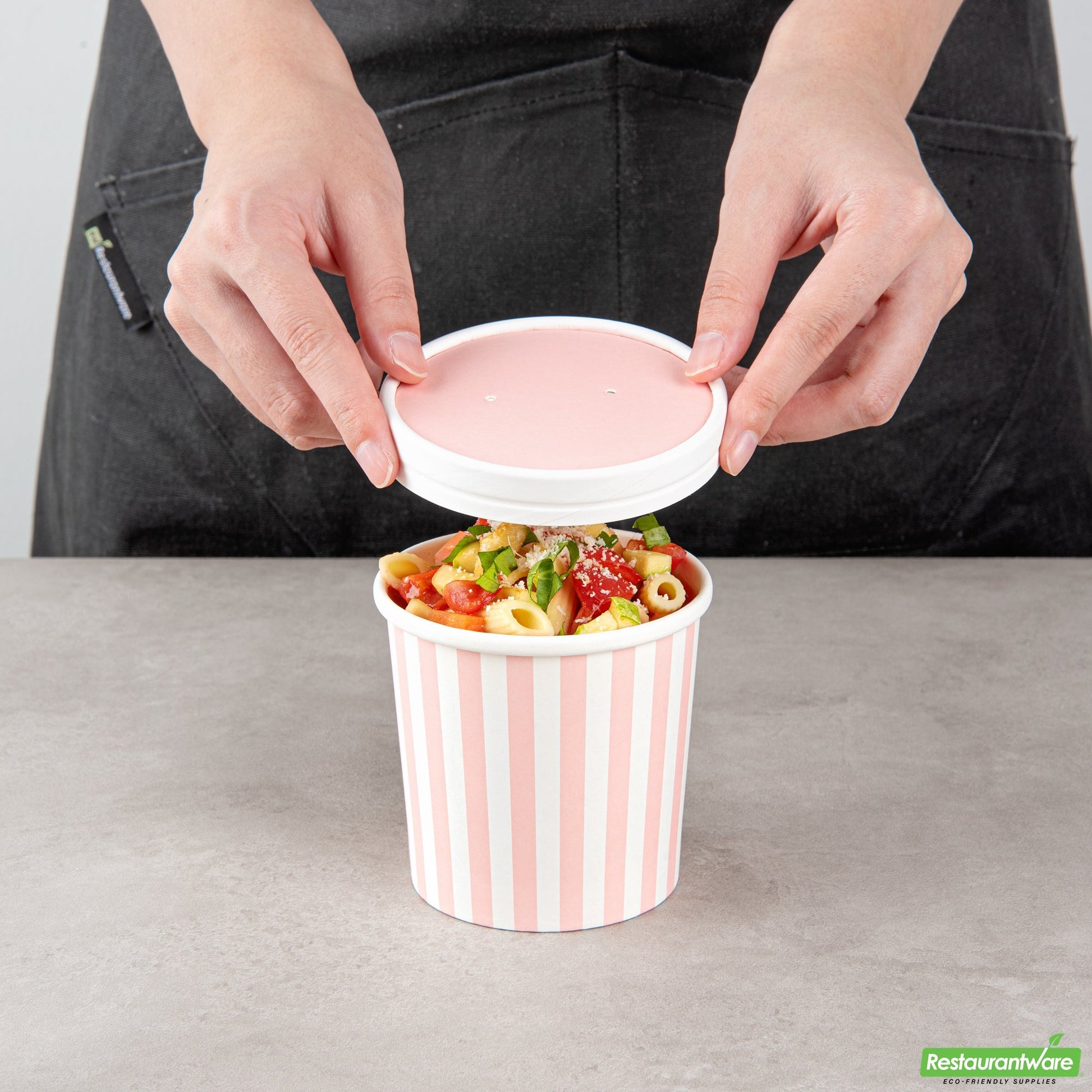 Wholesale Restaurantware Bio Tek Round Pink and White Stripe Paper Soup Container Lid - Fits 12 oz- Bulk