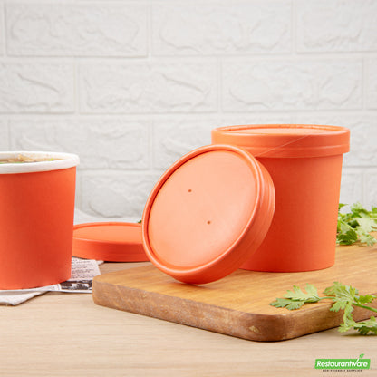 Wholesale Restaurantware Bio Tek Round Tangerine Orange Paper Soup Container Lid - Fits 12 oz- Bulk