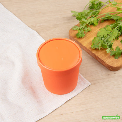 Wholesale Restaurantware Bio Tek Round Tangerine Orange Paper Soup Container Lid - Fits 12 oz- Bulk