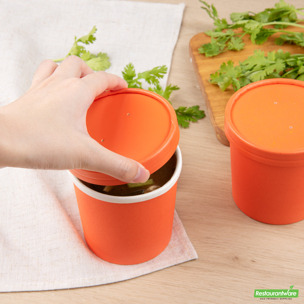 Wholesale Restaurantware Bio Tek Round Tangerine Orange Paper Soup Container Lid - Fits 12 oz- Bulk