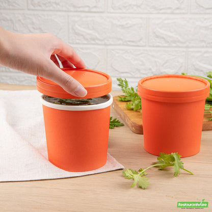 Wholesale Restaurantware Bio Tek Round Tangerine Orange Paper Soup Container Lid - Fits 12 oz- Bulk