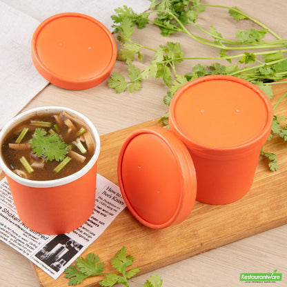 Wholesale Restaurantware Bio Tek Round Tangerine Orange Paper Soup Container Lid - Fits 12 oz- Bulk