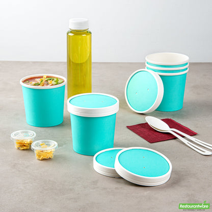 Wholesale Restaurantware Bio Tek Round Turquoise Paper Soup Container Lid - Fits 12 oz- Bulk