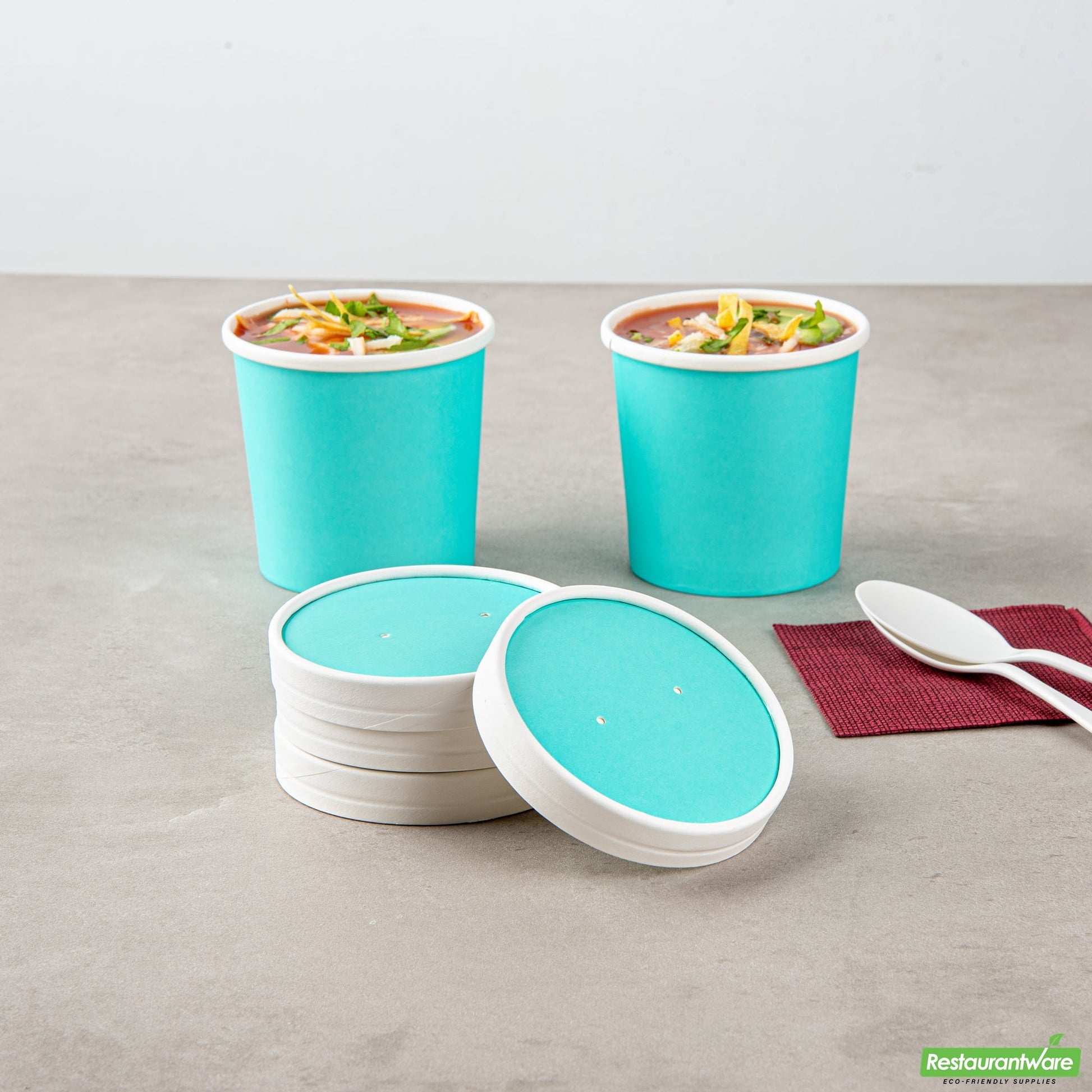 Wholesale Restaurantware Bio Tek Round Turquoise Paper Soup Container Lid - Fits 12 oz- Bulk