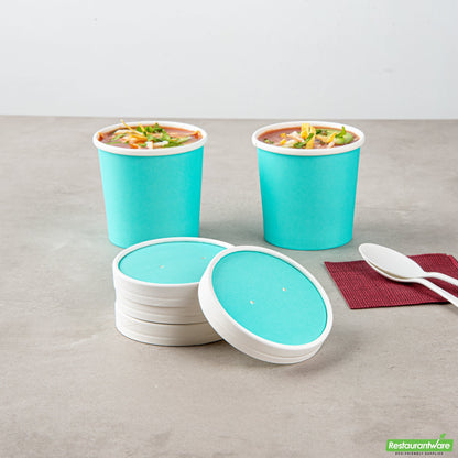 Wholesale Restaurantware Bio Tek Round Turquoise Paper Soup Container Lid - Fits 12 oz- Bulk