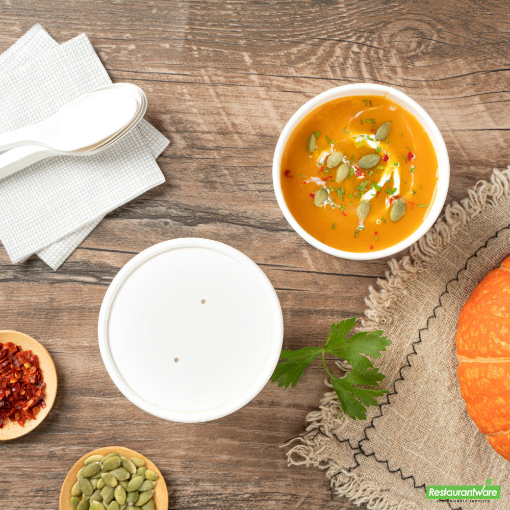 Wholesale Restaurantware Bio Tek Round White Paper Soup Container Lid - Fits 8 and 12 Oz- Bulk