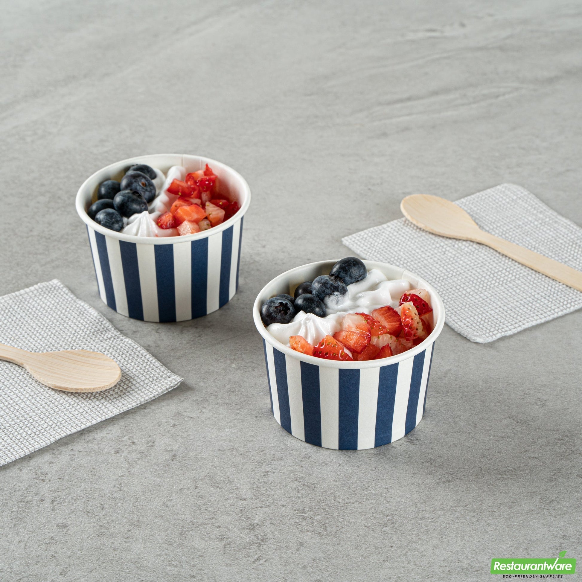 Wholesale Restaurantware 3 Oz Round Blue and White Stripe Paper To Go Cup- Bulk
