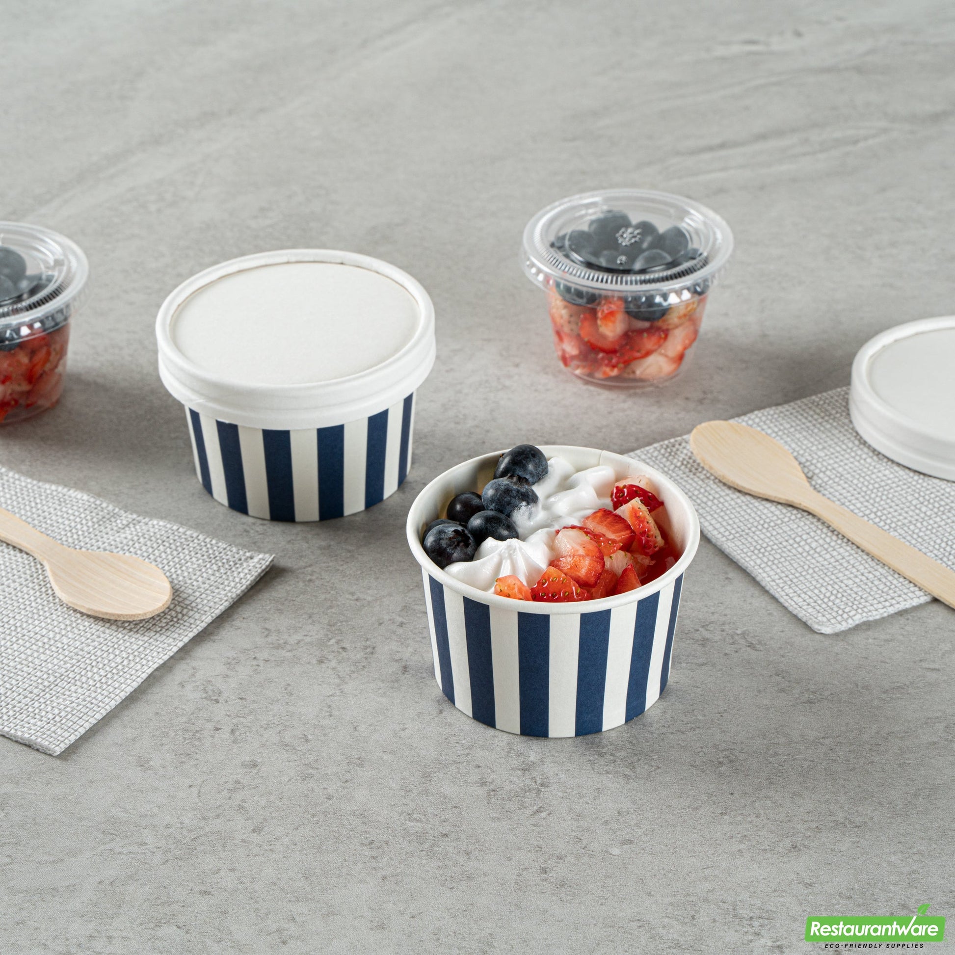 Wholesale Restaurantware 3 Oz Round Blue and White Stripe Paper To Go Cup- Bulk