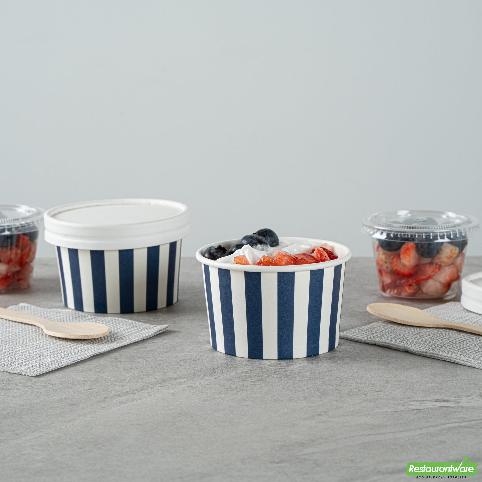 Wholesale Restaurantware 3 Oz Round Blue and White Stripe Paper To Go Cup- Bulk
