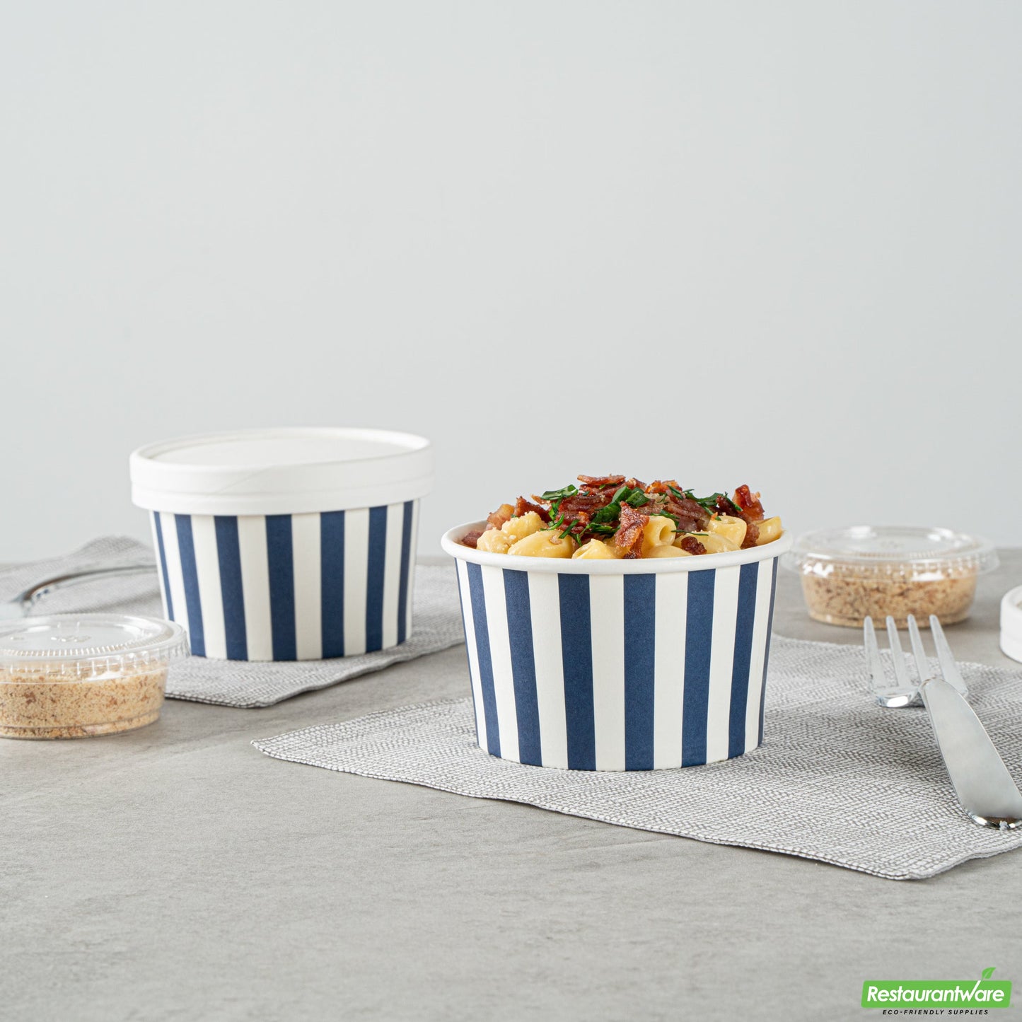 Wholesale Restaurantware 5 Oz Round Blue and White Stripe Paper to Go Cup - 3.3" X 3.3" X 1.9"- Bulk