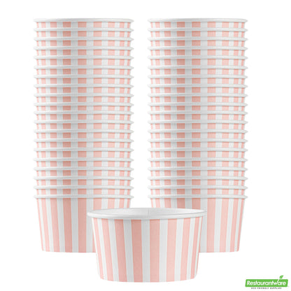 Wholesale Restaurantware 8 Oz Round Pink and White Stripe Paper to Go Cup - 3.7" X 3.7" X 2.2"- Bulk