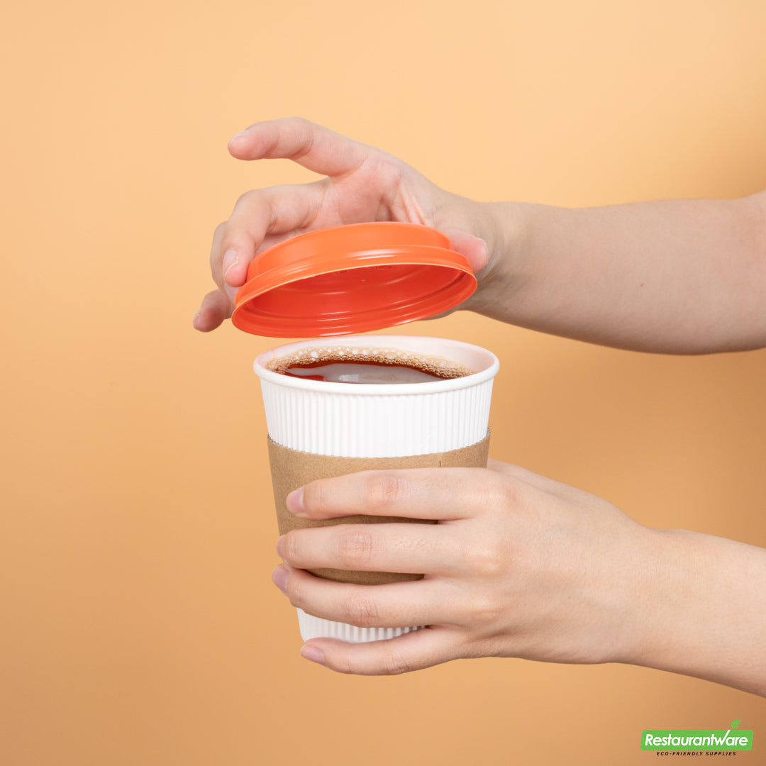 Wholesale Restaurantware Restpresso Tangerine Orange Plastic Coffee Cup Lid - Fits 8, 12, 16 and 20 Oz- Bulk