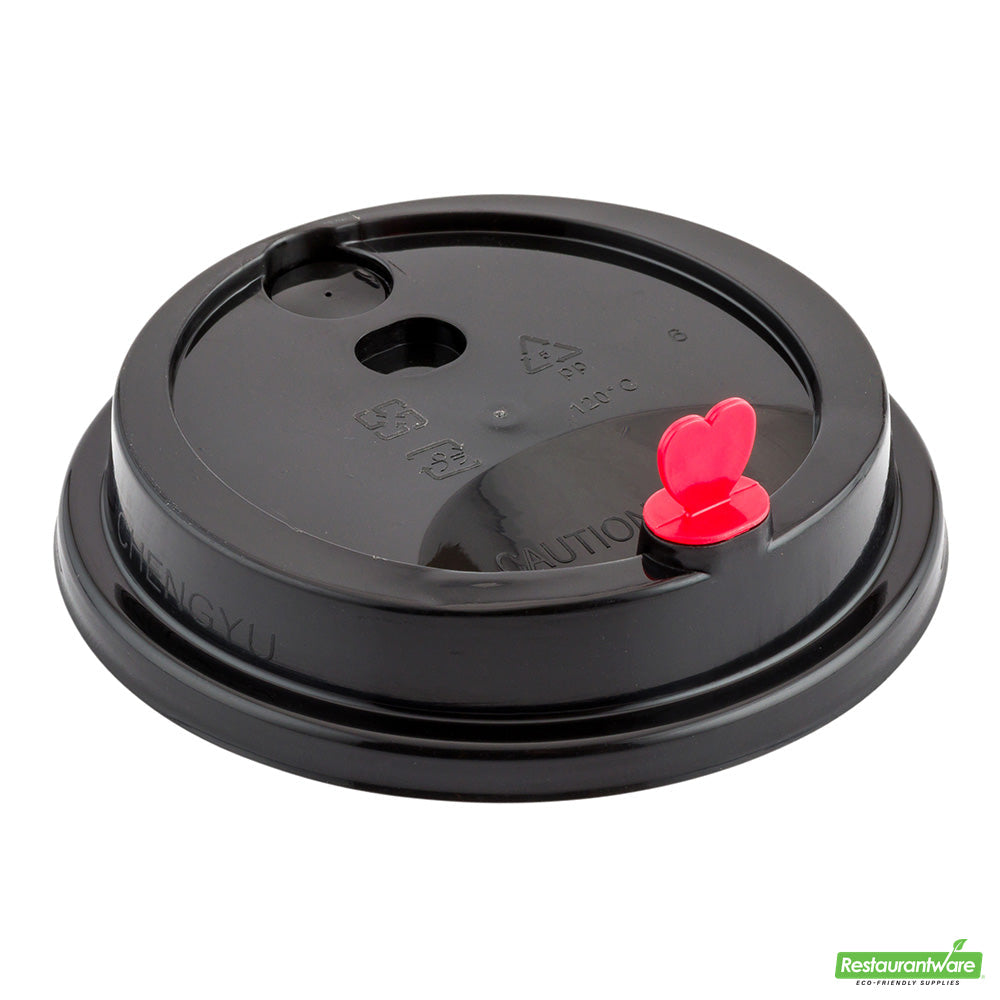 Wholesale Restaurantware Black Plastic Coffee Cup Lid - Fits 8, 12, 16 and 20 Oz, with Red Heart Plug- Bulk