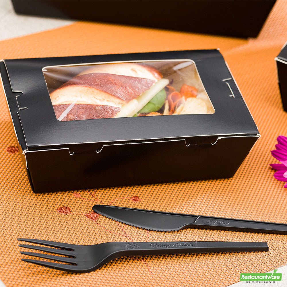 Wholesale Restaurantware Cafe Vision 21 Oz Black Paper Small Take Out Container - Hinge Lock - 6 1/4" X 4" X 1 3/4"- Bulk