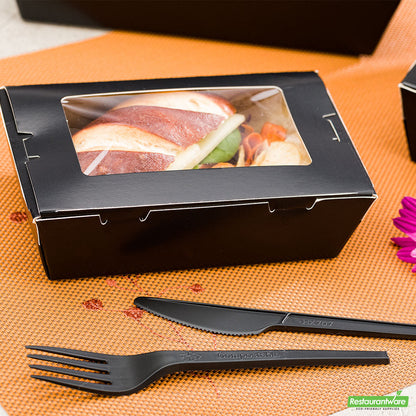 Wholesale Restaurantware Cafe Vision 21 Oz Black Paper Small Take Out Container - Hinge Lock - 6 1/4" X 4" X 1 3/4"- Bulk