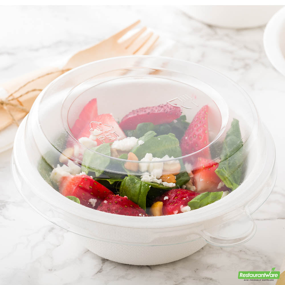 Wholesale Restaurantware Pulp Tek Round Clear Plastic Dome Lid - Fits 8 oz Bagasse Salad Bowl- Bulk