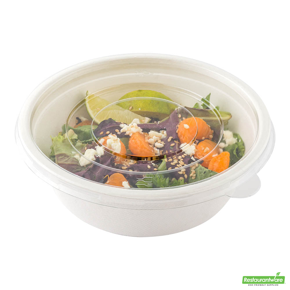 Wholesale Restaurantware Pulp Safe Round Clear Plastic Flat Lid - Fits 32 oz Bagasse Salad Bowl- Bulk