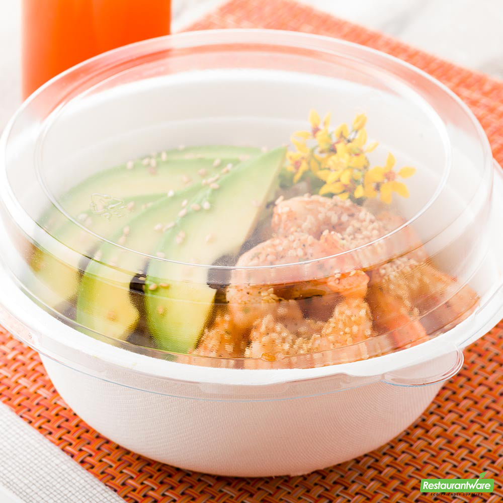 Wholesale Restaurantware Pulp Safe Round Clear Plastic Dome Lid - Fits 32 oz Bagasse Salad Bowl- Bulk