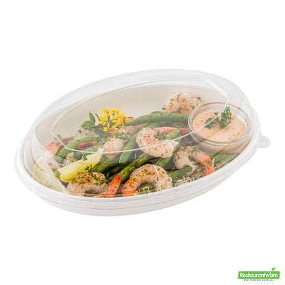 Wholesale Restaurantware Pulp Tek Oval Clear Plastic Dome Lid - Fits 26 oz Bagasse Salad Plate- Bulk
