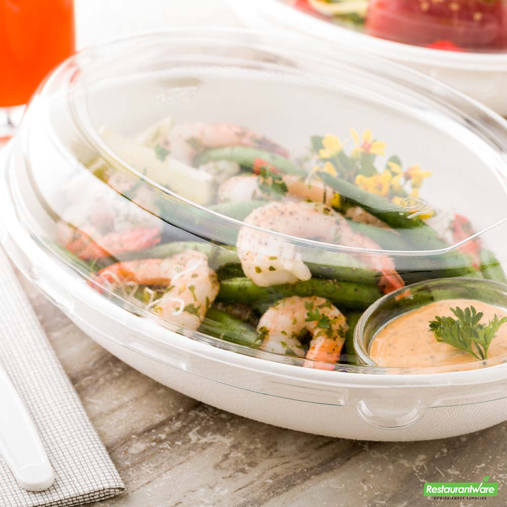 Wholesale Restaurantware Pulp Tek Oval Clear Plastic Dome Lid - Fits 26 oz Bagasse Salad Plate- Bulk